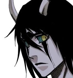 an anime character with black hair and horns on his head, staring at the camera