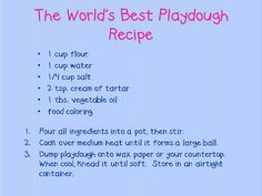 the world's best playdoug recipe on a blue background with pink lettering