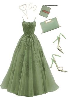 Sage Dresses Prom, Prom Dress Lace Green, Tulle Prom Dress Green, Prom Dress 2023 Green, Cottage Core Formal Dresses, Sage Princess Dress, Sage Green Flowy Prom Dress, Cottage Core Prom Dress Green, Sage Green Debut Gown