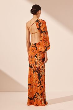 Santos Silk One Shoulder Open Back Maxi Dress STYLE # 1242211 Wedding Guest Outfit Fall, Maxi Dress Wedding Guest, Open Back Maxi Dress, Backless Maxi Dress, African Inspired Clothing, Bridal Tops, Dress With Open Back, Shona Joy, Multi Dress