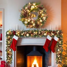 a fireplace decorated for christmas with stockings and decorations