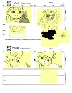 the storyboard for tomte's character sheet, which is drawn in yellow and black