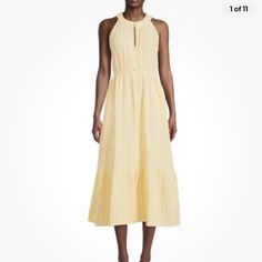 Yellow, Stripe, Midi, Sleeveless, High Neckline With Key Hole, Pullover, Relaxed Fit, Tiered, Cotton, Elastic Waistband, Size Xl (15-17), New. Yellow Halter Neck Sleeveless Sundress, Yellow Halter Neck Sleeveless Dress, Yellow Halter Neck Sleeveless Dress For Vacation, Daytime Sleeveless Sundress Maxi Dress, Casual Halter Neck Midi Dress For Daywear, Yellow Halter Neck Sleeveless Dress For Spring, Summer Sleeveless Midi Dress For Daytime, Sleeveless Summer Midi Dress For Daytime, Sleeveless Sundress For Spring Daytime