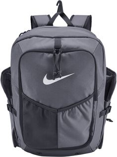 the nike backpack is grey and black