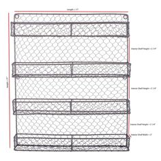 a wire shelf with three shelves on each side, and measurements for the bottom section