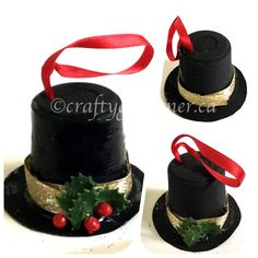 three black hats with gold trim and holly on top, one has a red ribbon