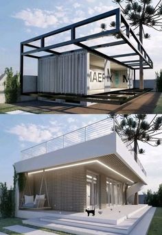 two pictures showing the inside and outside of a shipping container house, one with an open door