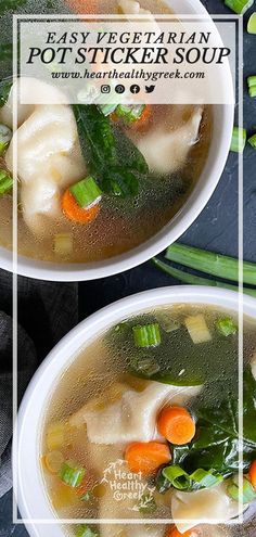 two white bowls filled with soup and vegetables