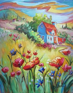 a painting of a blue house in the middle of a field with red and white flowers