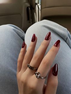 Scarlet Red Nails, Thick Acrylic Nails, Medspa Logo, Wide Nail Beds, Round Fake Nails, Nails Short Oval, Red Press On Nails, Nails Burgundy, Glossy Nails