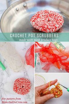 crochet pot scrubbers made with mesh produce bags are shown in this collage