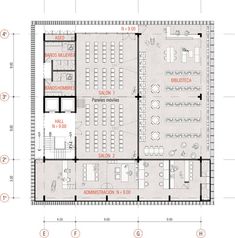 the floor plan for an office building with seating areas and desks, as well as two