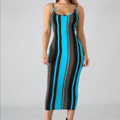 Sleeveless Blue Midi Dress Has Stretch 95% Polyester 5% Spandex Model Is Wearing A Small Damaged Clothes, Dress Jewelry, Blue Midi Dress, Stretchy Fabric, Blue Stripes, Pretty Outfits, Round Neckline, Cold Water, Colorful Dresses