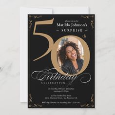 the 50th birthday party card features an image of a woman's face and gold lettering