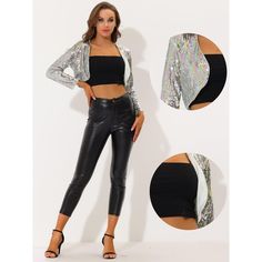 a woman wearing black leather pants and a crop top with sequins on it