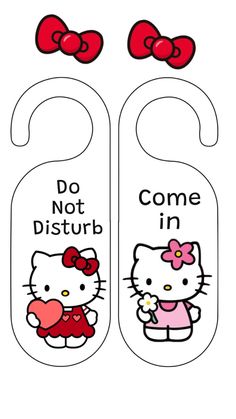 two hello kitty door hangers with the words do not disturb and one is holding a heart