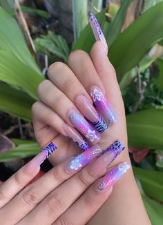 Purple Square Nail Designs, Purple Tropical Nails, Y2k Beach Nails, Purple Cheetah Print Nails, Rainbow Cheetah Nails, Gyaru Nails Tropical, Summer Star Nails, Lisa Frank Nail Designs