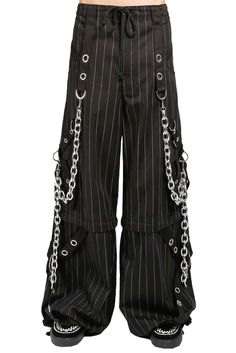 Chains could not restrain him, for metal couldn't contain the monster inside... Tripp Striped Pants. Huge Chains [Removable]. Large Metal Eyelets & D-Rings. Deep Pockets. Drawstring Waistband. Adjustable Ankles. Zip Off the Pant Legs to Transform into Shorts. Unisex—Ladies Can Rock Them Too! 100% Cotton. Our vampire wears size M. Our vampira wears size XS. Size Chart Size Waist inches Chest inches XS 28-30 33-36 S 30-32 35-37 M 32-34 37-39 L 34-36 39-43 XL 36-40 43-47 XXL 40-44 47-50 3XL 44-48 5 Power Chain, Skull Pants, Goth Pants, Chain Pants, Tripp Pants, Chain Skirt, Lace Jeans, Studded Shorts, Retro Shorts