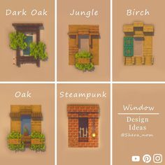 four different windows with green plants on them and the words dark oak, jungle, window design ideas