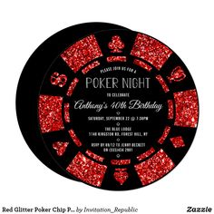 casino night birthday party card with red glitter on the front and black back, featuring poker chips