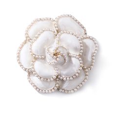 This intriguing brooch features a floral motif and is outlined in shining pearl detail. 1.65" W x 1.65" L 18k gold-plated copper / enamel / pearl White Camellia, Silk Bag, Camellia Flower, Short Necklace, Personalized Accessories, Flower Brooch, Floral Motif, Pearl White, Flower Designs