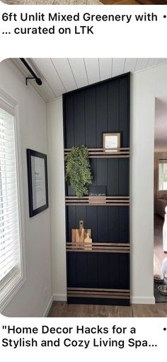 two pictures with different types of shelves in the same room, one is black and white