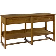 a wooden table with two drawers on one side and an open shelf on the other