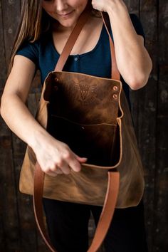 Leather Tote Bag Leather Anniversary Gift for Women Zipper | Etsy Everyday Satchel With Waxed Finish And Double Handle, Waxed Finish Bag With Double Handles, Leather Tote Bag With Waxed Finish, Everyday Leather Tote Bag With Leather Backing, Leather-backed Tote Bag For Everyday Use, Everyday Tote Bag With Leather Backing, Waxed Leather Tote Bag, Double Handle Bags With Waxed Finish For Daily Use, Daily Use Double Handle Bag With Waxed Finish