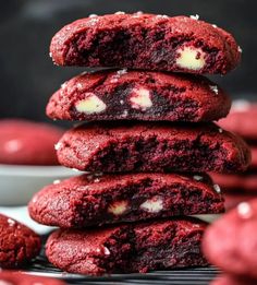 red velvet cookies stacked on top of each other