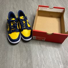 Nike Dunk Low Michigan Gs Unisex Shoe Size 5y Blue Nwt Yellow Custom Sneakers With Round Toe, Yellow Skate Shoes With Cushioned Footbed, Dunk Low Michigan, Unisex Shoes, Blue Nike, Yellow And Blue, Nike Dunk Low, Dunk Low, Kids Nike