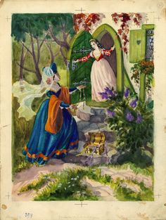 an illustration of a woman handing something to a man in front of a green door