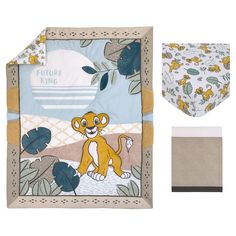 the lion baby blanket and bib gift set is shown with matching burpries