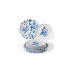 three blue and white plates sitting on top of each other