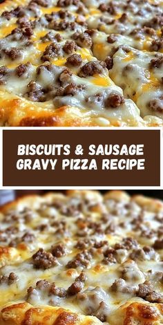 two different views of a pizza with sausage and gravy toppings on it