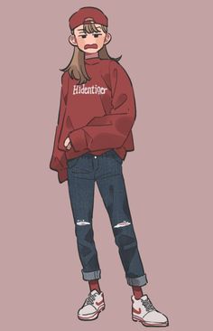 a girl with long hair wearing a red sweatshirt and ripped jeans, standing in front of a pink background