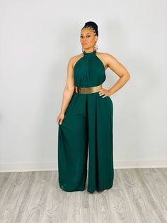 100% Polyester Wide legged haltered jumpsuit Open and back Belt NOT included Fits true to size for most Model is 5’4 wearing a medium Blazer With Jumpsuit Outfit, Green Jumpsuit Outfit Classy, Green Jumpsuit Outfit Wedding, Palazzo Jumpsuit Outfit Classy, Wedding Jumpsuit Guest, Green Jumpsuit Outfit, Green And White Outfit, Wide Leg Jumpsuit Outfit, Jumpsuit Outfit Wedding