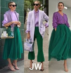 Purple Top Outfit, Purple Skirt Outfit, Green Skirt Outfits, Tulle Skirts Outfit, Purple Blazer, Color Combinations For Clothes, Purple Outfits