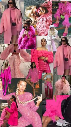 the collage shows different styles of pink outfits and accessories, including fur stoles