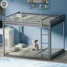 a child's bunk bed with a teddy bear sitting on the bottom and side