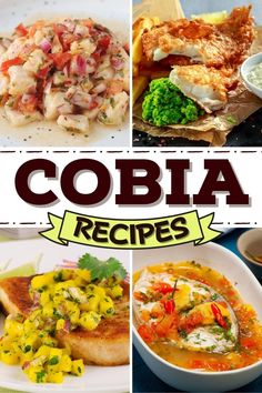 the collage shows different types of food on plates and in bowls, along with text that reads cobia recipes