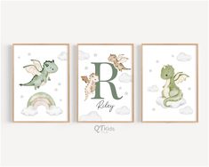 three children's wall art prints with the letter r and two dragon on them