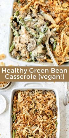 healthy green bean casserole vegan in a white dish