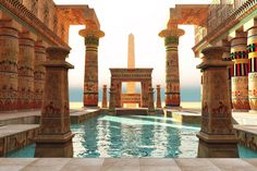 an egyptian style pool surrounded by columns and pillars