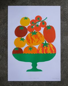 a drawing of tomatoes in a green bowl on a white paper with oranges and green leaves