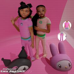 two dolls are standing next to each other in front of a pink background with an animal