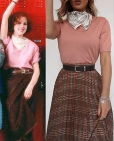 two women in skirts and pink shirts posing for the camera