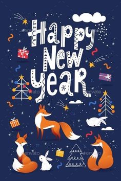 happy new year card with two foxes and presents