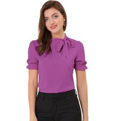 This regular-fit blouse will complement many body types to keep you looking great all day. The soft woven poly shapes a gathered neck, straight-cut silhouette, framed by puffy short sleeves with elastic cuff. Your wardrobe is not complete without this elegant office shirt. Pair it with high-waist pants and heels for an easy chic style. A sweet bow tie detail lends an elegant air to an everyday top. Stretch Puff Sleeve Blouse For Work, Fitted Tie Neck Top For Workwear, Solid Color Tie Neck Office Blouse, Solid Tie Neck Blouse For Office, Fitted Tie Neck Blouse For Work, Solid Color Tie Neck Blouse For Office, Feminine Tie Neck Tops For Office, Feminine Purple Tops For Workwear, Feminine Purple Workwear Top