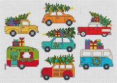 Seven retro cars with Christmas trees on top Art Deco Christmas Cross Stitch Cards, Tiny Cross Stitch Wreath, Christmas Simple Cross Stitch, Vintage Christmas Sign, Auto Retro, Xmas Cross Stitch, Winter Cross Stitch, Cross Stitch Christmas Ornaments, Retro Holiday