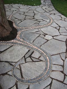 a stone path with a tree in the background